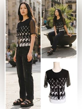 Black Top black embroidered Floral mesh overlay and sheer sleeves small